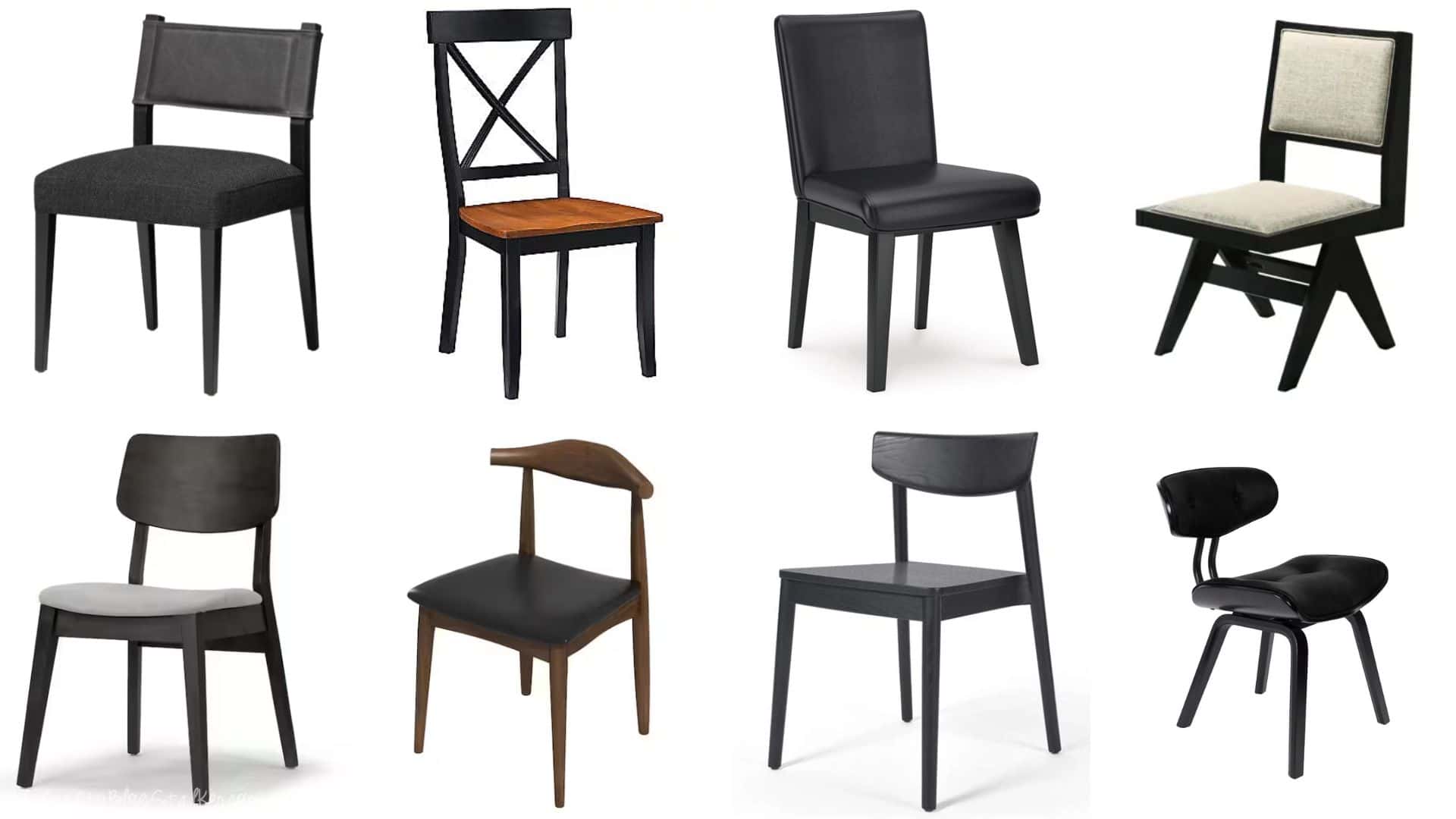 Collage of eight different black dining chair styles, including cushioned, wooden, X-back, ladder-back, and modern minimalist designs.
