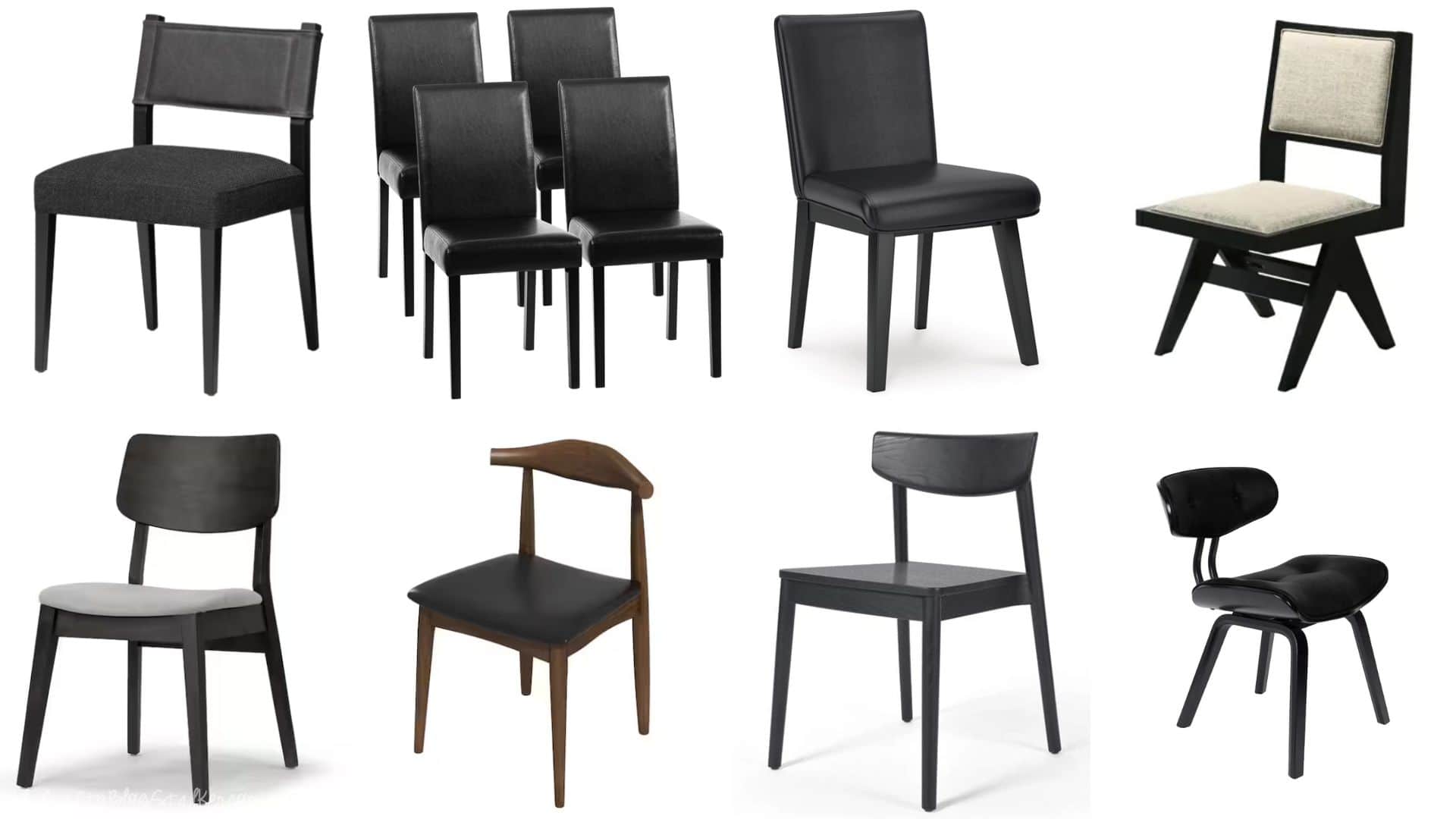 Collage of eight different black dining chair styles, including cushioned, wooden, X-back, ladder-back, and modern minimalist designs.