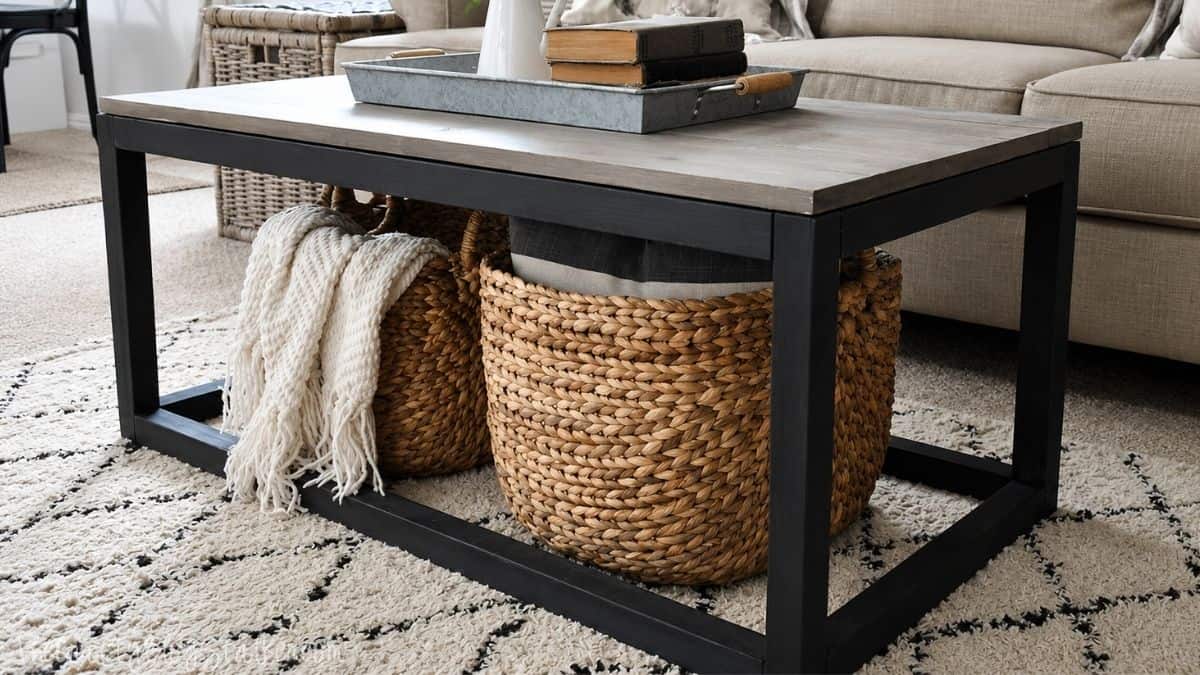 DIY industrial coffee table with black frame, wood top, and woven storage baskets in a cozy living room.