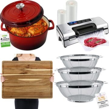 A collage of kitchen essentials including a red Dutch oven, stainless steel food sealer, wooden cutting board, and three stainless steel colanders.