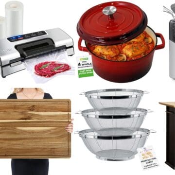 Kitchen gift ideas featuring a vacuum sealer, Dutch oven, Ninja SLUSHi, ice maker, cutting board, colanders, and kitchen storage cabinet.