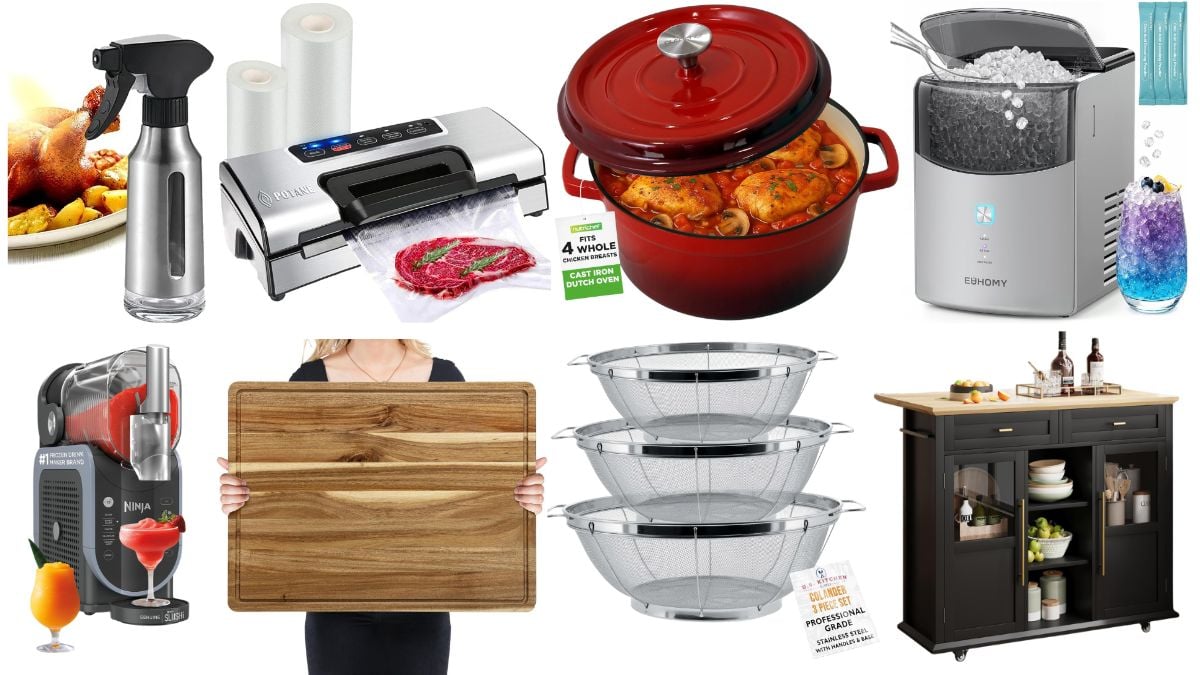 The perfect Kitchen Gift Ideas Kitchen gift ideas featuring a vacuum sealer, Dutch oven, Ninja SLUSHi, ice maker, cutting board, colanders, and kitchen storage cabinet.