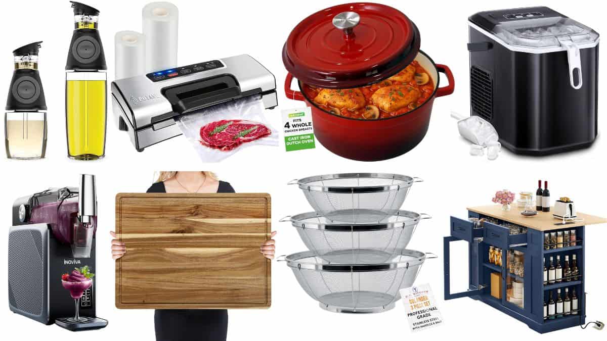 A collage of kitchen gadgets and cookware including a Dutch oven, food sealer, ice maker, cutting board, strainers, oil sprayers, slushie machine, and kitchen island.