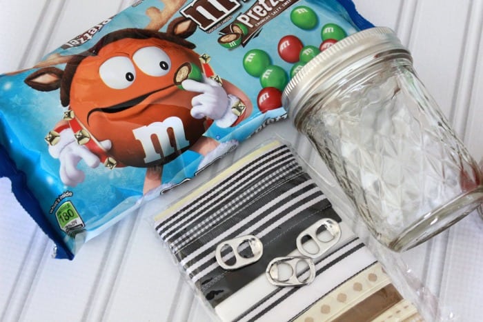 mason jars, soda tabs, ribbon, and mm candy