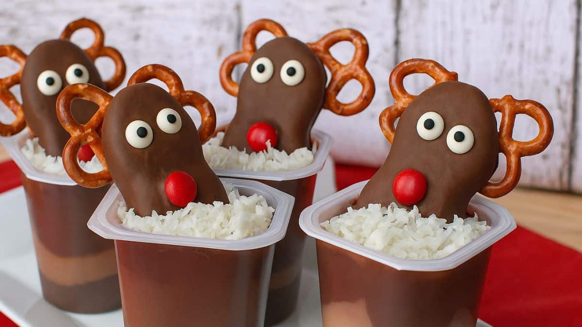 Chocolate Snack Pack pudding cups topped with chocolate-dipped reindeer cookies made from pretzels, candy eyes, and red candy noses on shredded coconut.