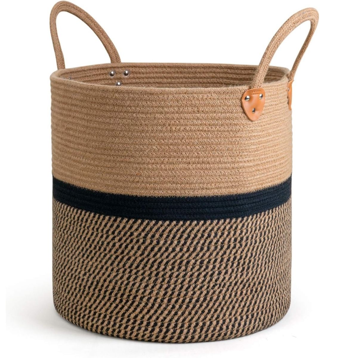 Round woven jute storage basket with two loop handles, featuring a textured lower section and a smooth upper band, shown on a plain background.