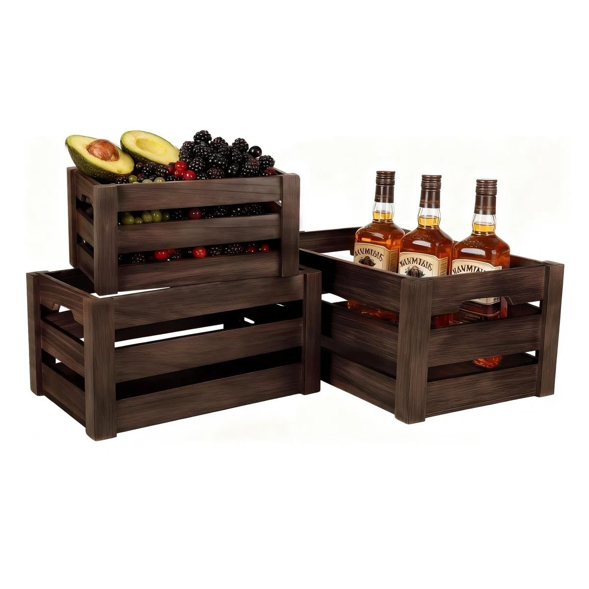 Three nesting wooden storage crates stacked and side by side, holding fresh fruit in one crate and glass bottles in another, photographed on a plain background.