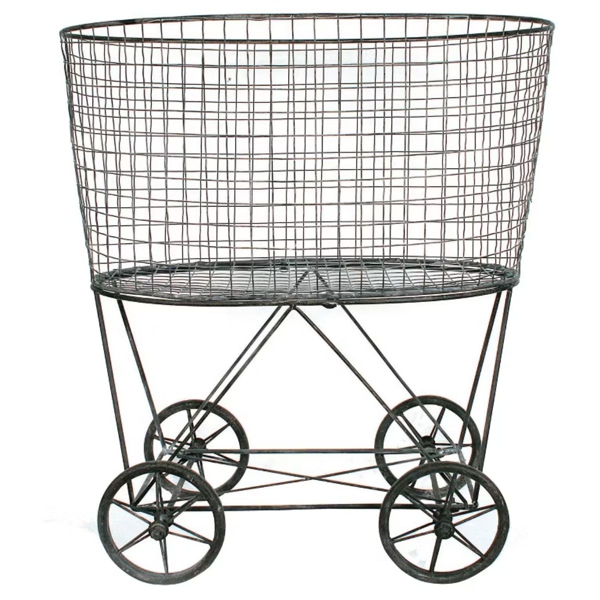 Rolling metal wire laundry basket on a wheeled stand, featuring an open mesh bin supported by a metal frame with four small wheels.