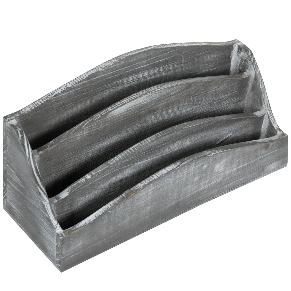 Solid wood desk organizer with three curved compartments, designed for sorting mail, papers, or office supplies on a desktop.