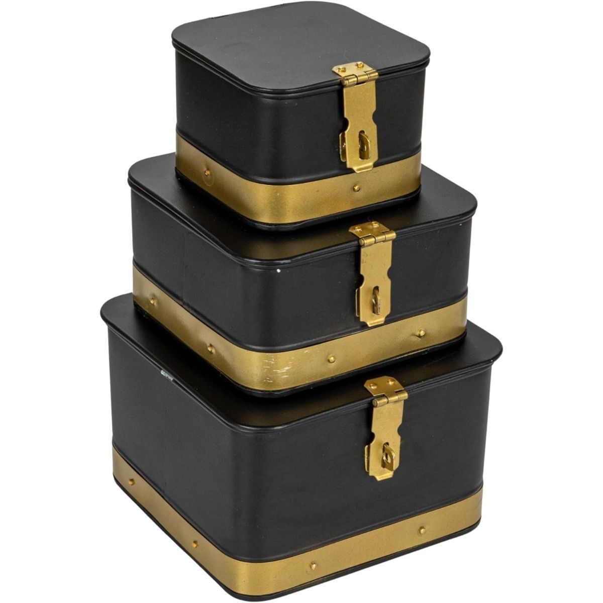 Three square metal storage boxes in graduated sizes, stacked together with hinged lids and decorative banding, shown against a plain background.