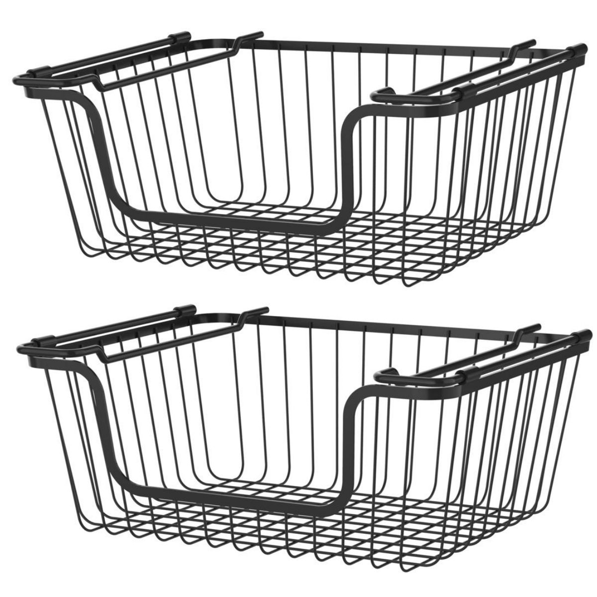 Two stackable wire storage baskets with open metal frames, designed for organizing pantry items, shelves, or cabinets.