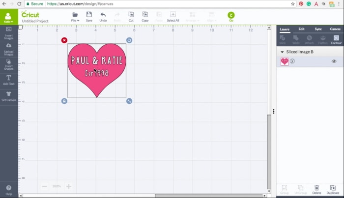 slice the text from the heart in Cricut Design Space