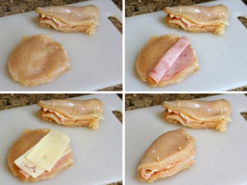 adding ham and swiss to the butterflied chicken pieces