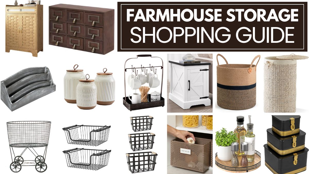 Collage of home organization storage items, including cabinets, drawers, baskets, wire bins, carts, canisters, and trays, presented as a home organization shopping guide.