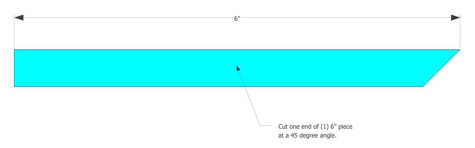 6-inch MDF piece with one end cut at a 45-degree angle, as part of the assembly instructions for a foldable DIY recipe stand.