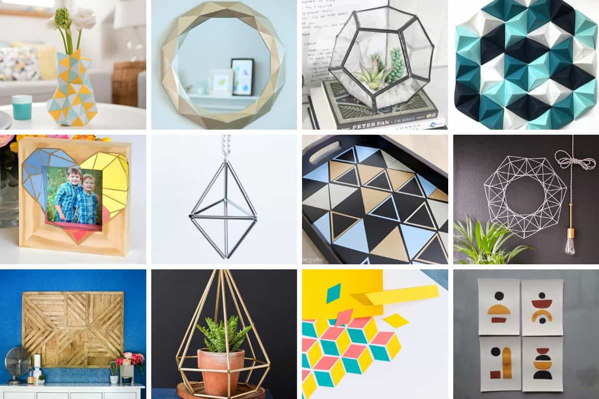 Collage with 12 geometric home decor crafts.