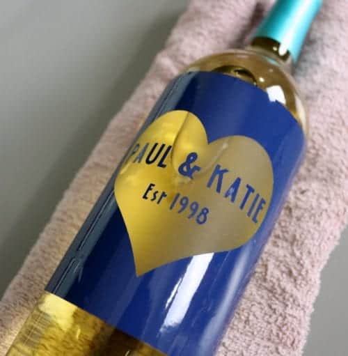 personalized glass wine bottle with vinyl stencil