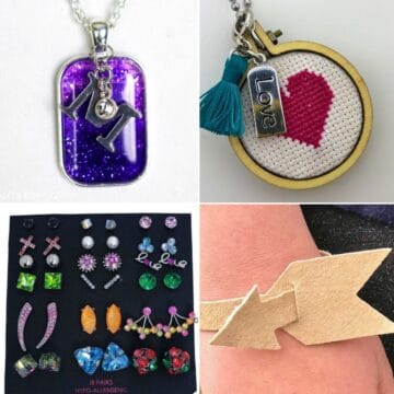 Collage of handmade jewelry ideas including resin pendants, cross stitch necklaces, stud earrings, and a leather arrow bracelet.