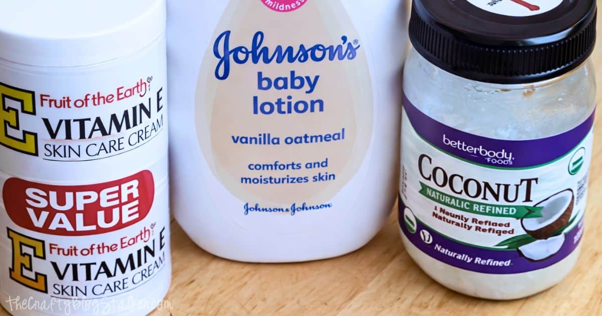 coconut oil, Johnson's Baby Lotion and Vitamin E Skin Care Cream