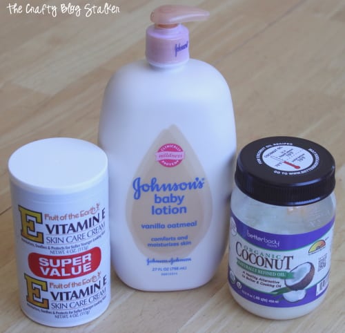 coconut oil, Johnson's Baby Lotion and Vitamin E Skin Care Cream
