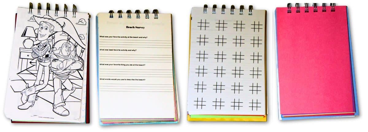 Disney autograph book pages with coloring sheets, survey questions, tic tac toe game pages, and colorful cardstock covers bound with spiral rings.