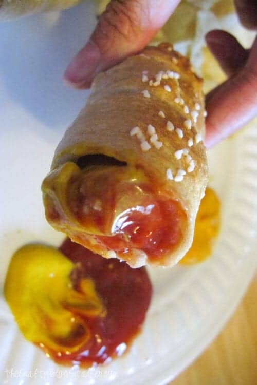 pretzel dogs with ketchup and mustard