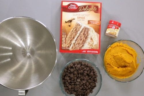 Spice cake mix, pumpkin pie spice, pureed pumpkin, and chocolate chips 