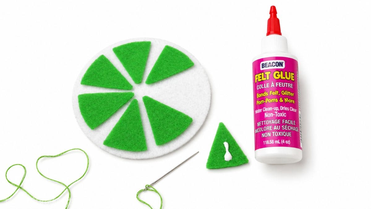 DIY felt lime slice coaster with stitched segments, felt glue, needle and thread, and a glued felt piece ready for assembly.