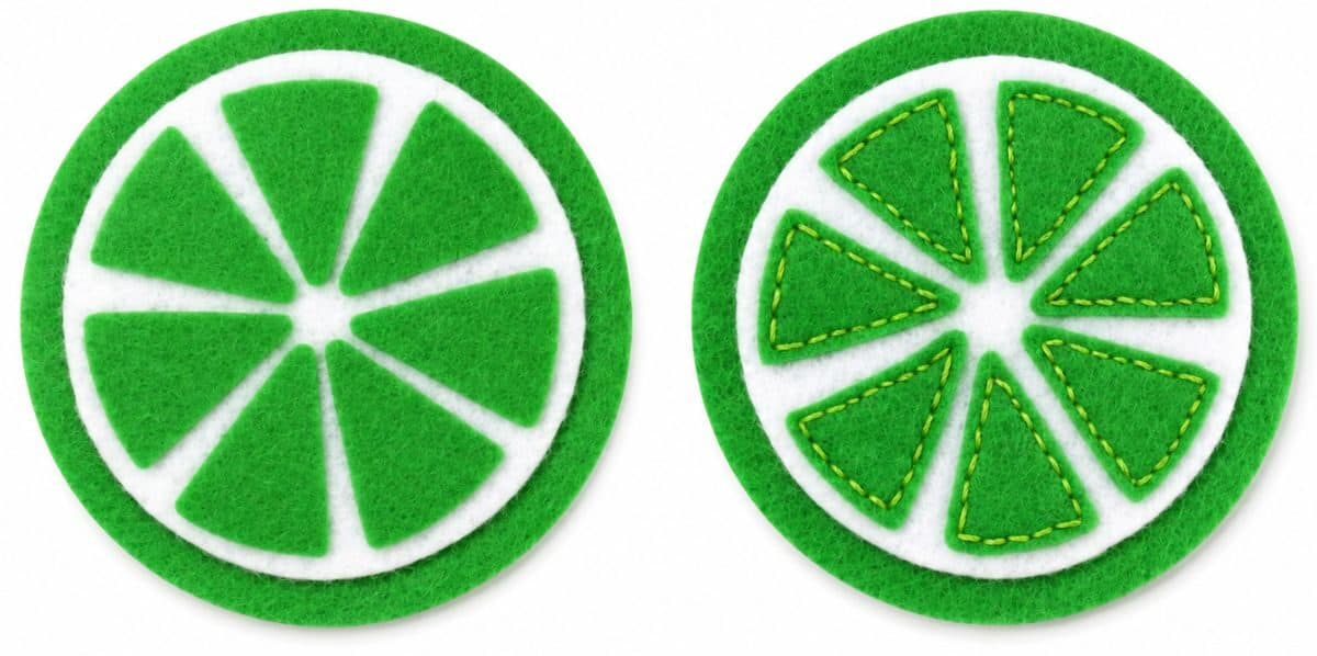 Side-by-side felt lime slice coasters showing two assembly methods: glued felt segments on one coaster and stitched felt segments on the other.