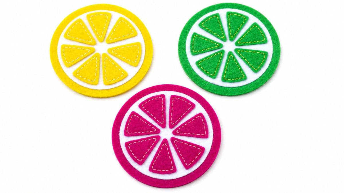 Three handmade felt citrus slice coasters in yellow, pink, and green with stitched details displayed on a white background.