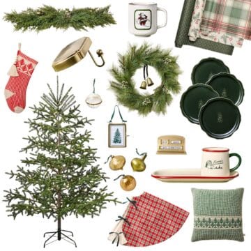 Collection of Hearth & Hand holiday decor including a Christmas tree, wreath, plaid gift wrap, stockings, mugs, plates, pillow, and festive ornaments.