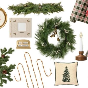 Collection of Christmas decorations featuring pine wreaths, ornaments, stockings, candles, plaid wrapping paper, and festive greenery.