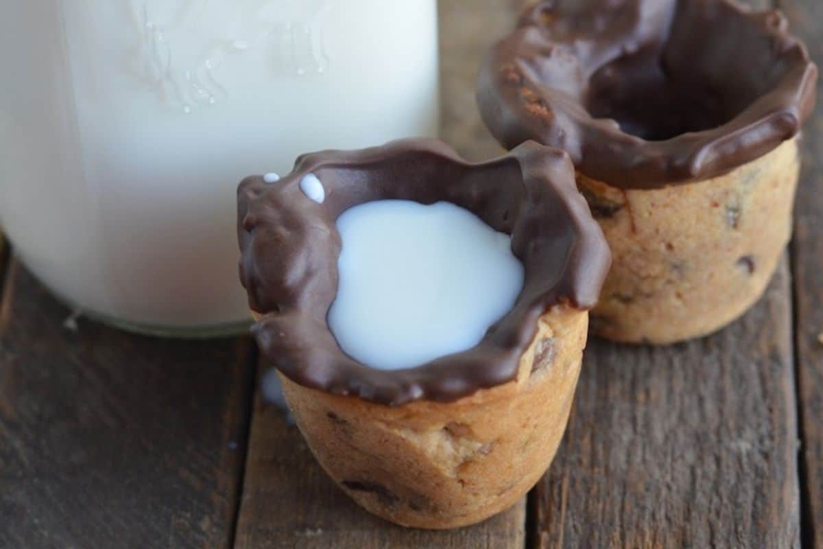 Chocolate Chip Cookie Cups filled with Milk.