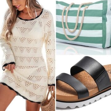 Collage featuring a cream knit beach cover-up, striped beach tote bag, and black slide sandals for a beach vacation wardrobe.
