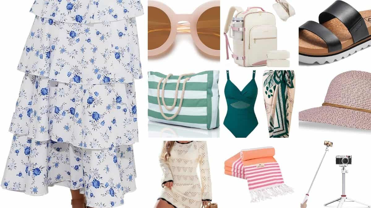 Are you planning a Beach vacation?? I have gathered up 10 Must Haves for your Beach Packing List. Collage of beach vacation essentials including a floral dress, sunglasses, travel backpack, sandals, tote bag, swimsuit, beach towel, sun hat, and camera gear.