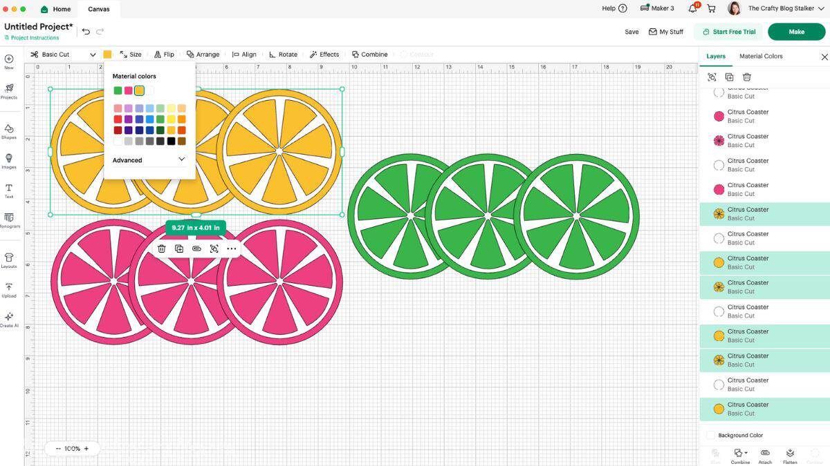 Screenshot of Cricut Design Space showing citrus slice SVG coasters in yellow, pink, and green with the material color menu open.