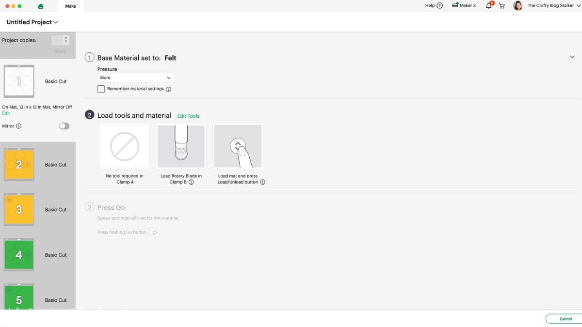 Screenshot of Cricut Design Space material settings for cutting felt citrus coasters using the rotary blade on a Cricut Maker 3.