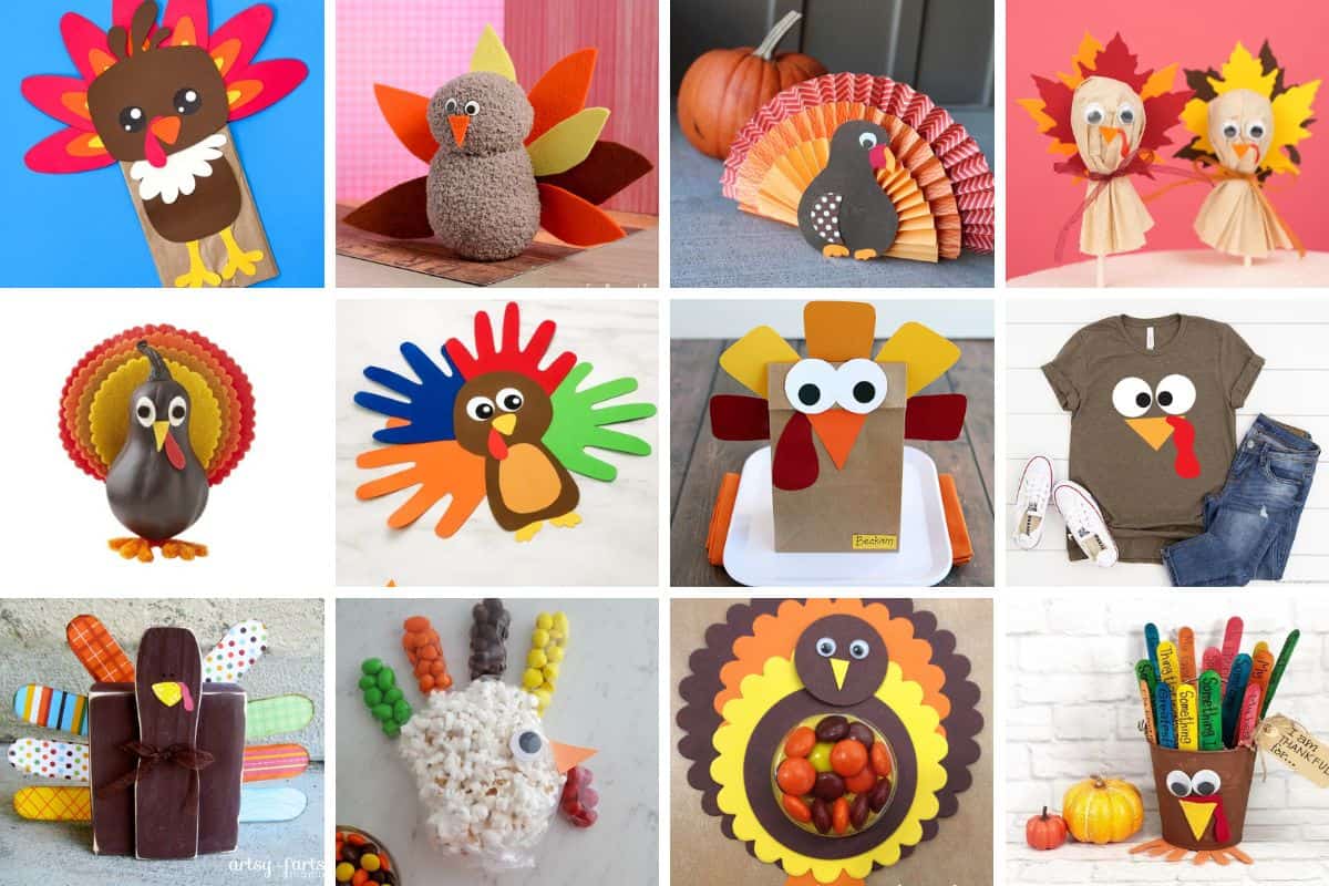 Collage image with 12 turkey crafts.