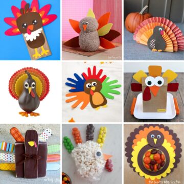 Collage image with 9 turkey crafts.