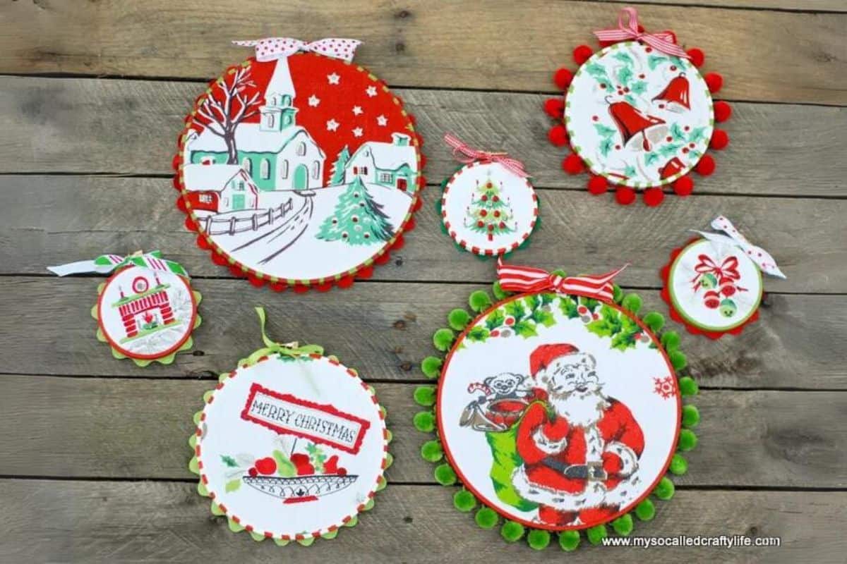 Easy Upcycled Vintage Fabric Holiday Hoop Art.