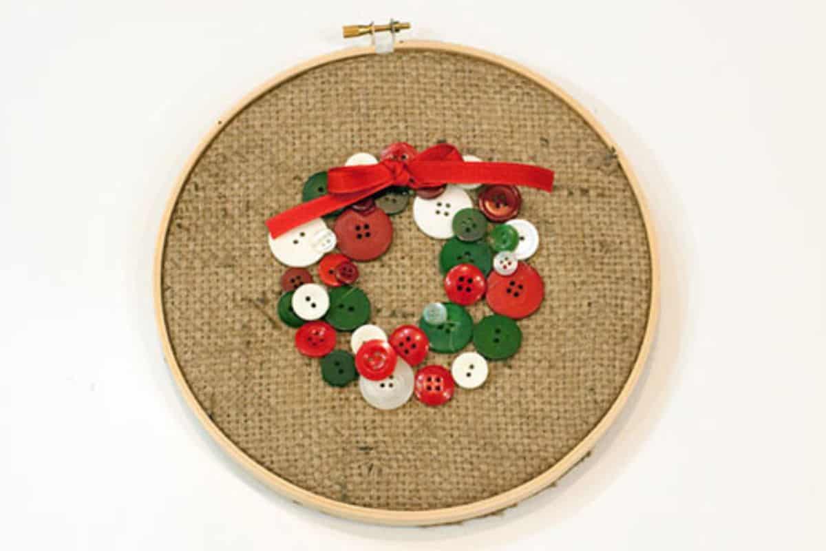 Button Christmas Wreath Embroidery Hoop Art.
