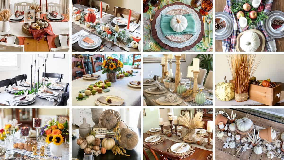 Collage of Thanksgiving table settings featuring pumpkins, candles, flowers, and fall-inspired centerpieces in cozy farmhouse and rustic styles.