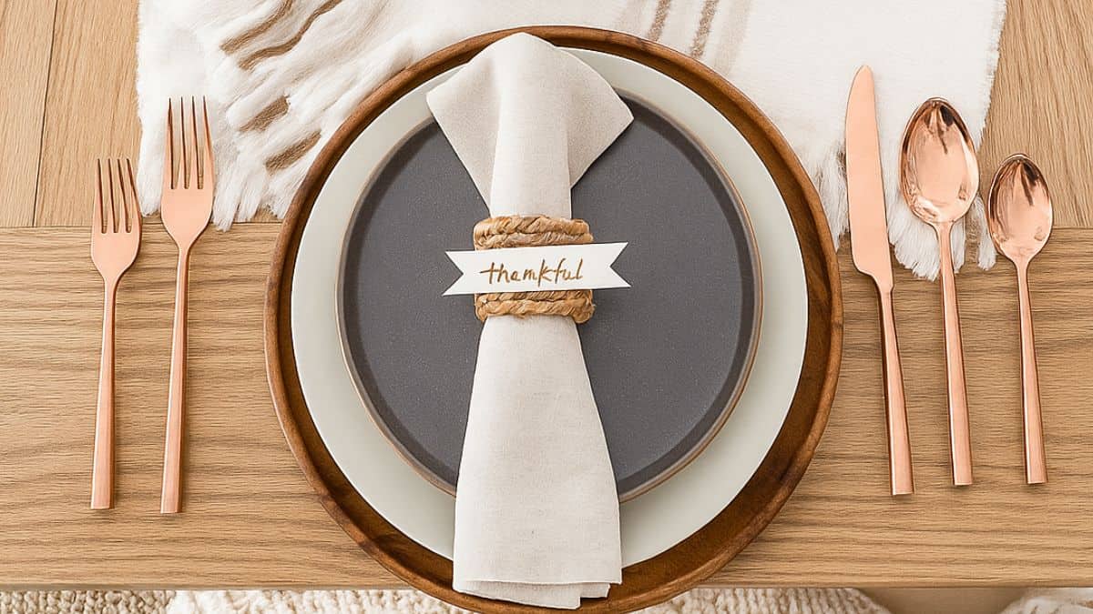 Modern Thanksgiving place setting with a gray plate, beige napkin in a rope holder labeled