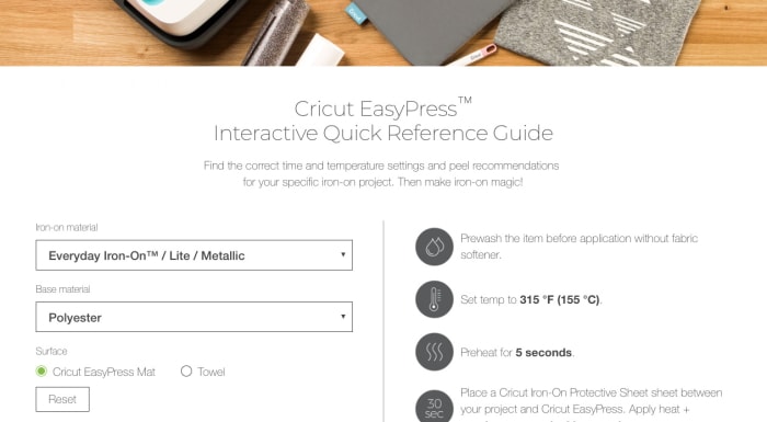 screen shot of cricut easypress interactive reference guide