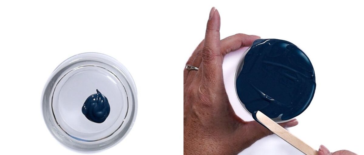 Step-by-step painting process showing blue paint applied to the bottom of a clear glass using a wooden craft stick.