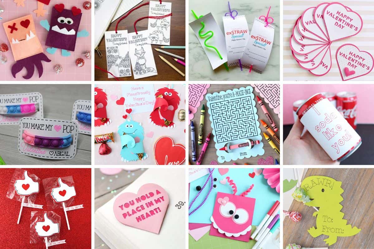 Collage with 12 classroom valentines ideas made with Cricut.
