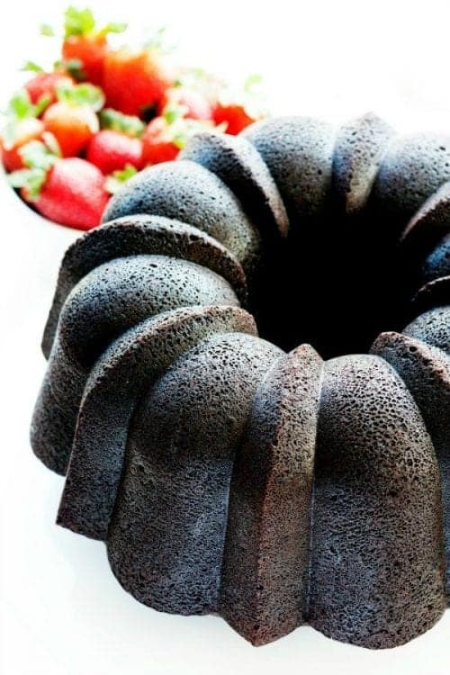 close up of a dark chocolate pound cake with no frosting