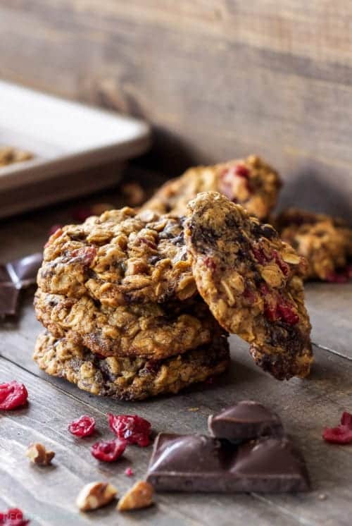 a stack of oatmeal dark chocolate and cranberry cookies