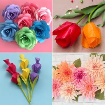 Collage of colorful handmade paper flowers including roses, tulips, calla lilies, and dahlias in pink, orange, purple, blue, and green.