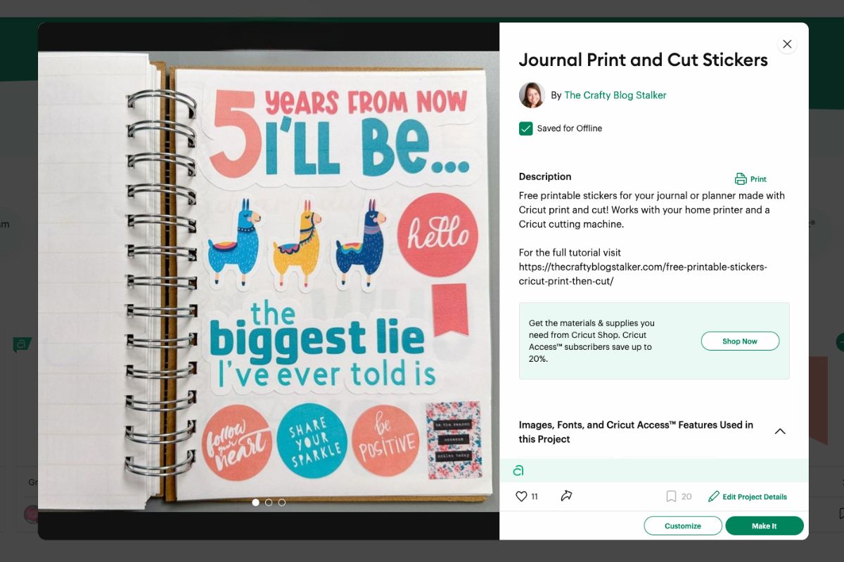Screenshot of a Cricut Design Space project featuring printable journal stickers with llamas, motivational quotes, and a humorous phrase, created by The Crafty Blog Stalker.